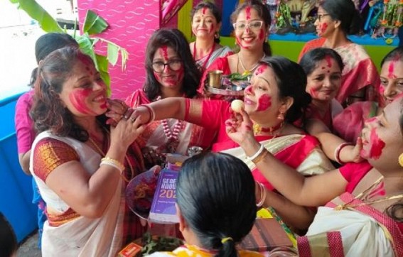 Married Hindu women perform Sindoor Khela on Vijaya Dashami